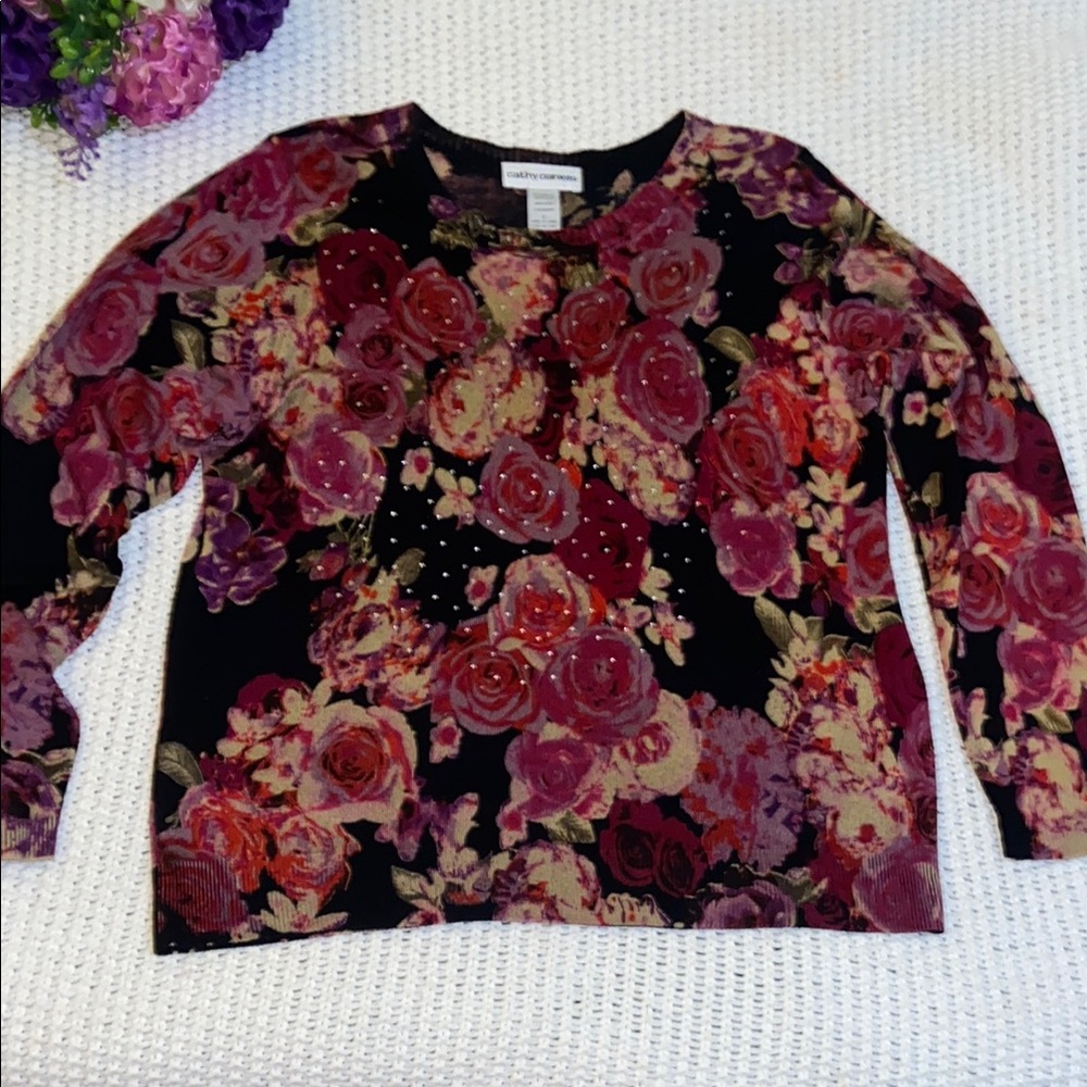 Cathy Daniels Rose Print Blouse - Black and Purple